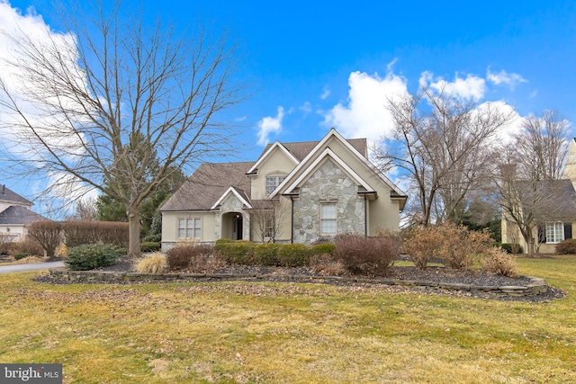 view of front of property with stone siding and a front yard