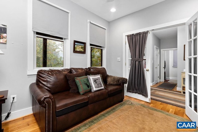 living area with recessed lighting, baseboards, and wood finished floors