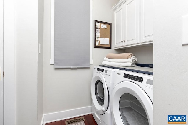 laundry area with cabinet space, visible vents, wood finished floors, independent washer and dryer, and baseboards