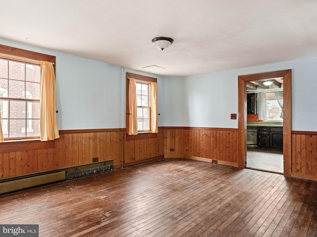 empty room featuring wood-type flooring, wainscoting, wooden walls, and baseboard heating