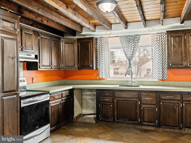 kitchen with electric stove, a sink, wood ceiling, and under cabinet range hood