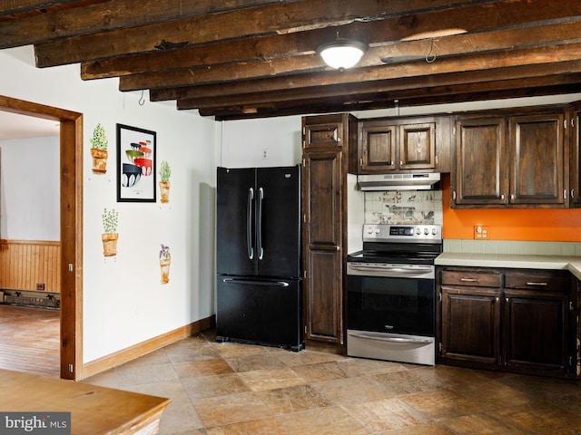 kitchen featuring freestanding refrigerator, dark brown cabinetry, beamed ceiling, under cabinet range hood, and stainless steel electric range