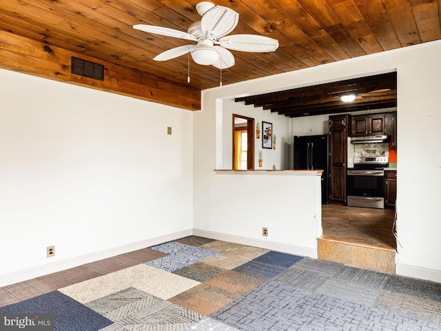 unfurnished room featuring beam ceiling, visible vents, a ceiling fan, wood ceiling, and baseboards