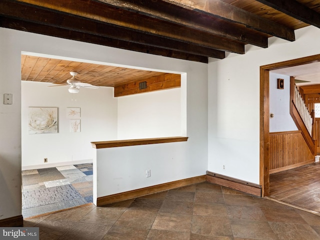 spare room featuring a wainscoted wall, wooden ceiling, beam ceiling, and a ceiling fan