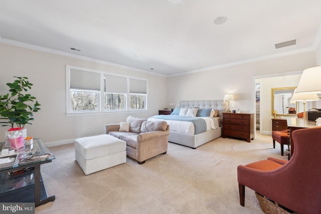 bedroom with crown molding, baseboards, visible vents, and light colored carpet