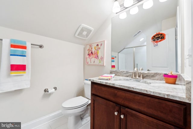 full bathroom with visible vents, toilet, tile patterned floors, vaulted ceiling, and vanity