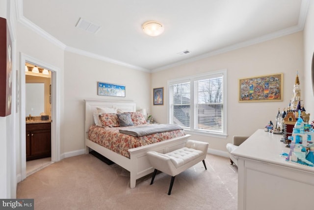 bedroom featuring visible vents, ornamental molding, and light colored carpet