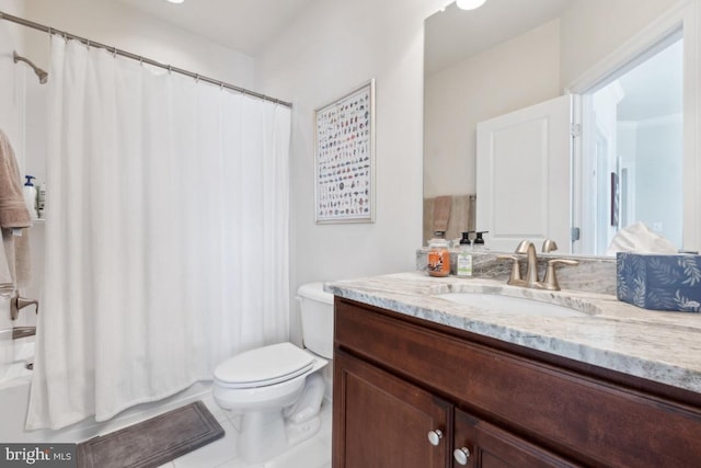 full bath featuring tile patterned flooring, vanity, toilet, and shower / tub combo with curtain