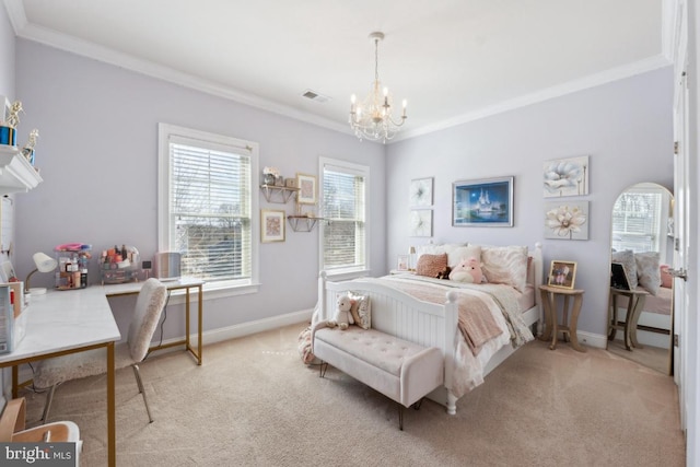 bedroom with ornamental molding, a chandelier, light colored carpet, and visible vents