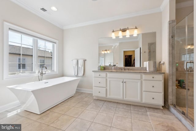 bathroom with a stall shower, crown molding, and vanity