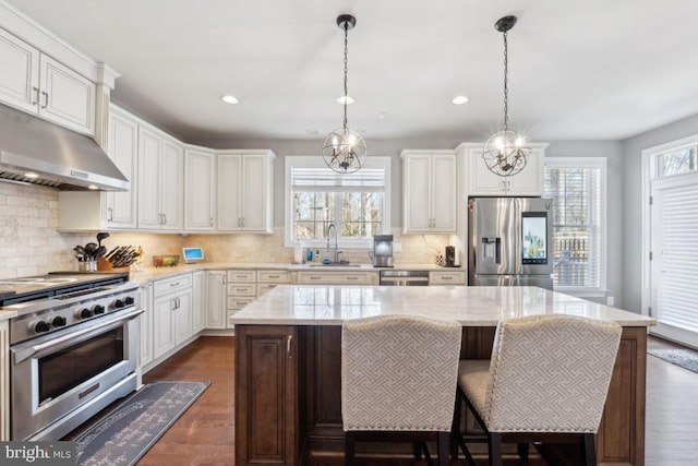 kitchen featuring stainless steel appliances, dark wood-type flooring, a kitchen island, and under cabinet range hood