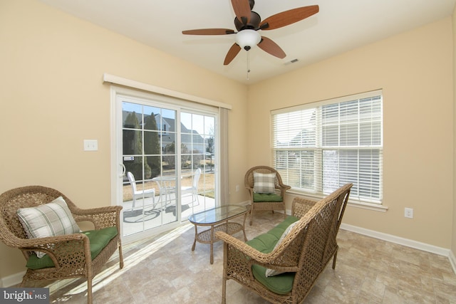 living area with a ceiling fan, visible vents, and baseboards