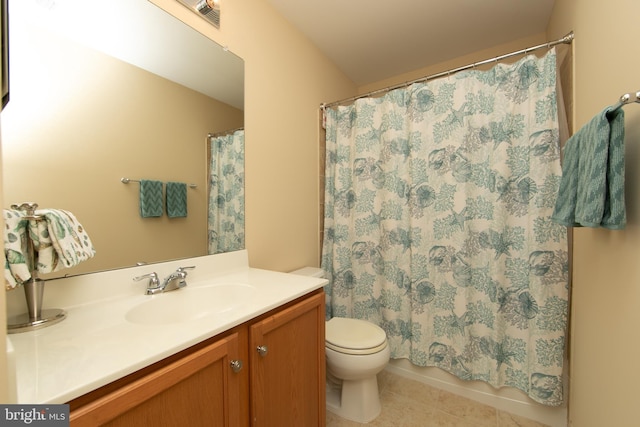 bathroom featuring visible vents, a shower with shower curtain, toilet, tile patterned flooring, and vanity