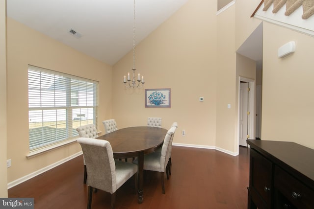 dining area with high vaulted ceiling, dark wood-type flooring, visible vents, and baseboards