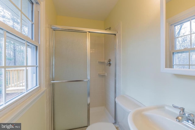 full bath featuring a stall shower, a sink, and toilet