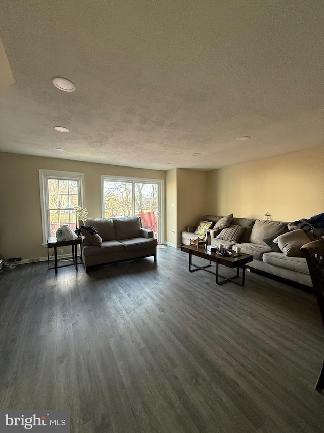 living room featuring a textured ceiling, dark wood-style flooring, a wealth of natural light, and baseboards