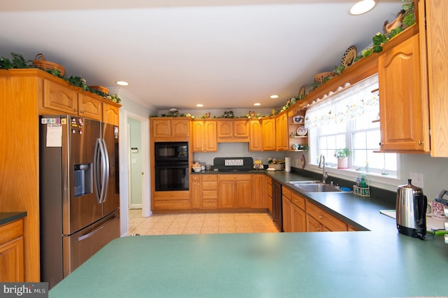 9 Holly Ter, Cambridge, MD 21613 - kitchen featuring ornamental molding, recessed lighting, light tile patterned flooring, black appliances, and a sink