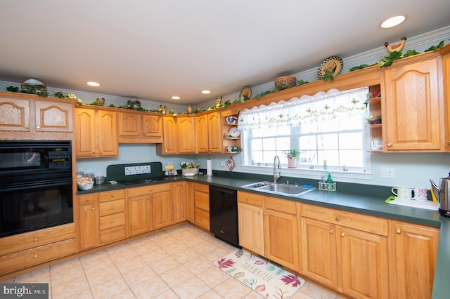 9 Holly Ter, Cambridge, MD 21613 - kitchen with open shelves, dark countertops, black appliances, and a sink