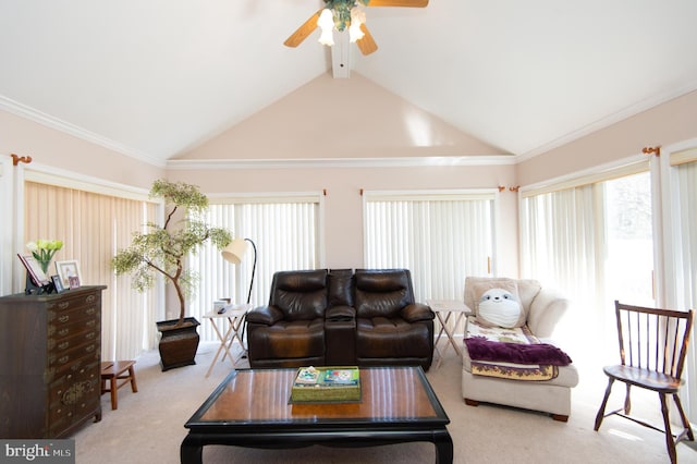 9 Holly Ter, Cambridge, MD 21613 - living room with beamed ceiling, carpet floors, high vaulted ceiling, and a ceiling fan