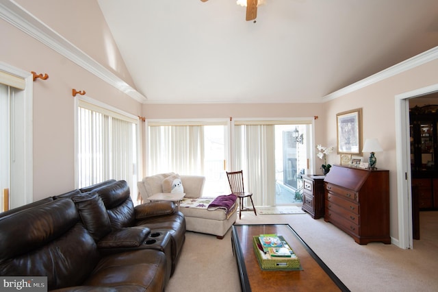 9 Holly Ter, Cambridge, MD 21613 - living area featuring ornamental molding, ceiling fan, carpet, and vaulted ceiling