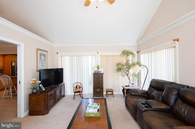 9 Holly Ter, Cambridge, MD 21613 - living room featuring carpet flooring, a ceiling fan, lofted ceiling, and ornamental molding