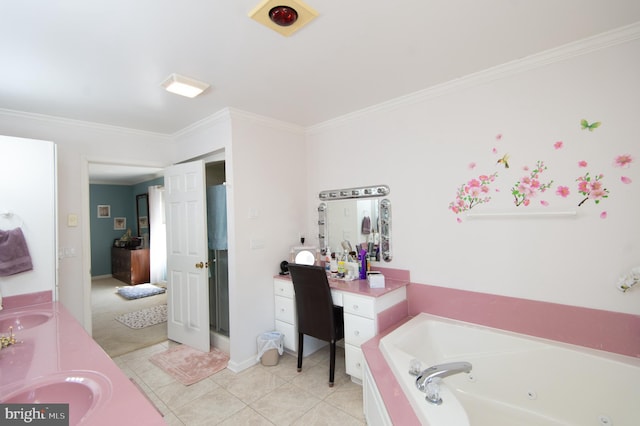 9 Holly Ter, Cambridge, MD 21613 - bathroom featuring tile patterned flooring, a whirlpool tub, crown molding, and double vanity