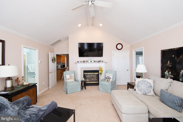9 Holly Ter, Cambridge, MD 21613 - living room featuring crown molding, a tiled fireplace, light colored carpet, lofted ceiling with beams, and a ceiling fan