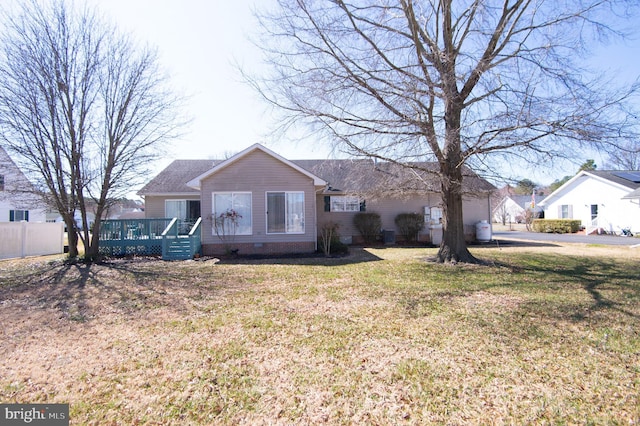 9 Holly Ter, Cambridge, MD 21613 - ranch-style house featuring crawl space, a wooden deck, a front lawn, and fence