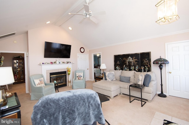 9 Holly Ter, Cambridge, MD 21613 - carpeted living area with visible vents, lofted ceiling with beams, recessed lighting, a fireplace, and ceiling fan