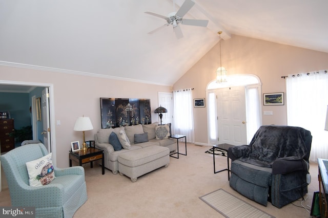 9 Holly Ter, Cambridge, MD 21613 - living room with a ceiling fan, beam ceiling, light colored carpet, and high vaulted ceiling