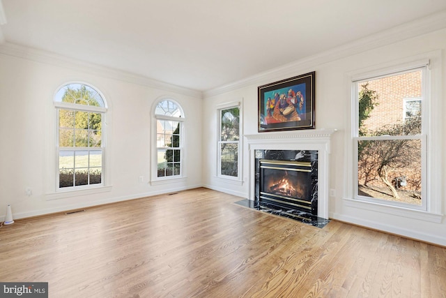 living area with ornamental molding, wood finished floors, baseboards, and a premium fireplace