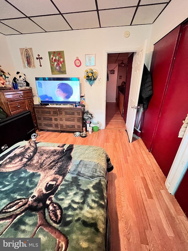 bedroom featuring a drop ceiling and wood finished floors