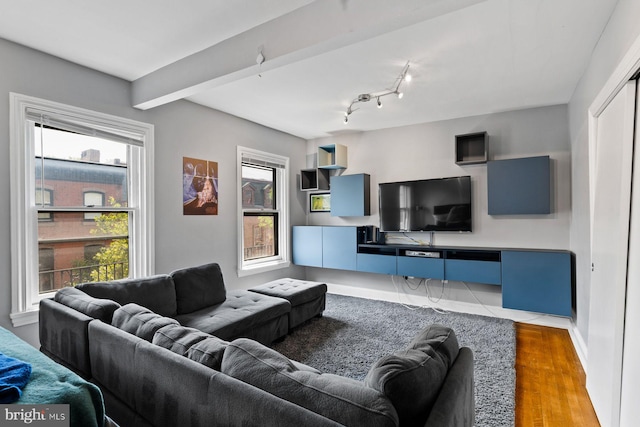 living room featuring beamed ceiling