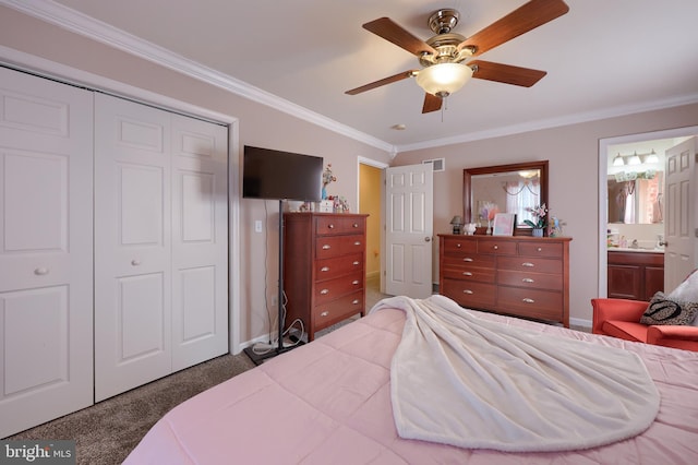 bedroom with a ceiling fan, visible vents, carpet floors, a closet, and crown molding