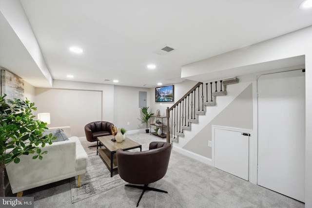 living room with carpet, baseboards, stairway, and recessed lighting