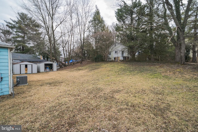 view of yard with cooling unit, an outdoor structure, and a storage unit