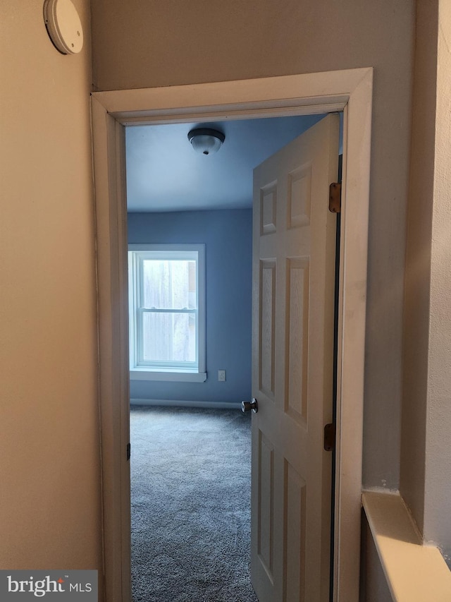 hall featuring carpet floors and baseboards