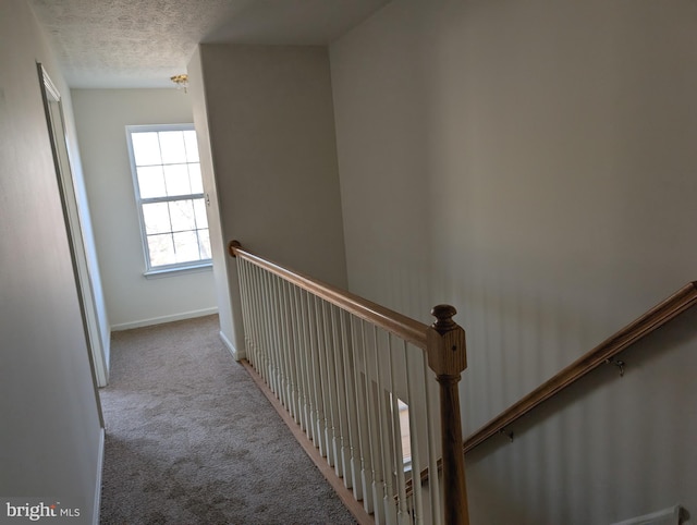 staircase featuring a textured ceiling, carpet, and baseboards