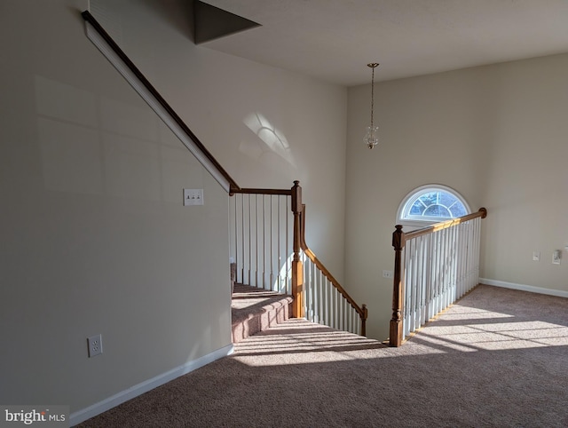 stairs with carpet floors and baseboards