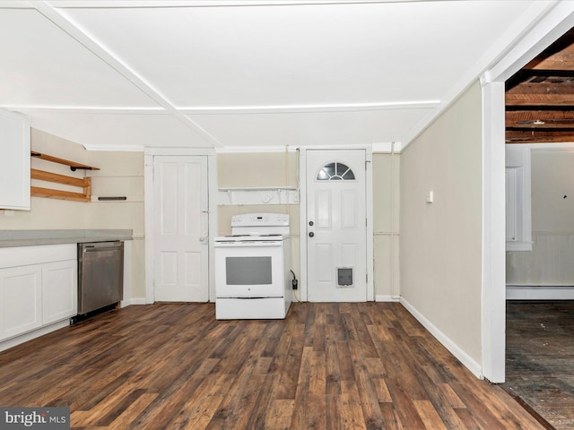 kitchen featuring dark wood-style floors, electric range, baseboard heating, stainless steel dishwasher, and white cabinetry