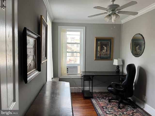 office area with baseboards, ceiling fan, ornamental molding, dark wood-style flooring, and cooling unit