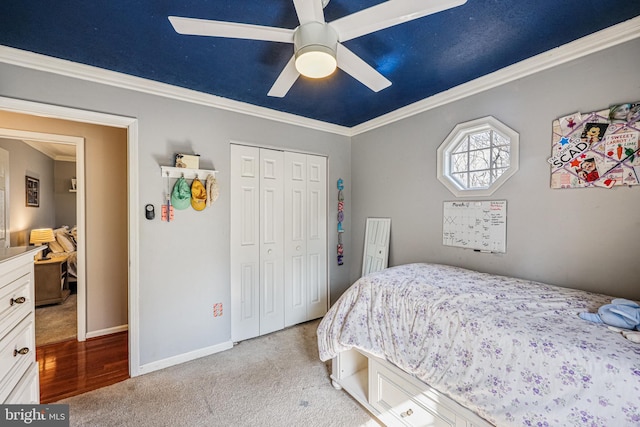 carpeted bedroom featuring ceiling fan, a closet, baseboards, and crown molding