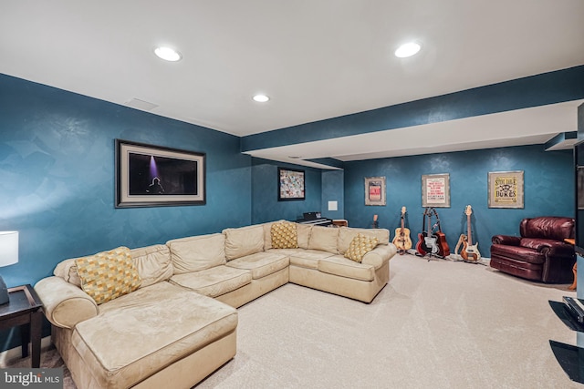 carpeted living room featuring recessed lighting