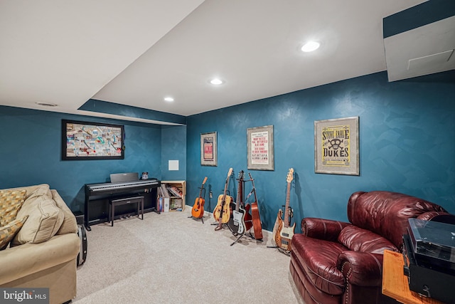 recreation room with carpet, baseboards, and recessed lighting