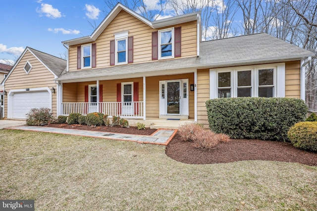 view of front of house with a porch, a shingled roof, and a garage