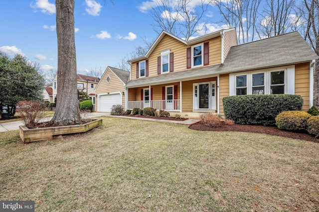 view of front facade with an attached garage, a porch, and a front yard