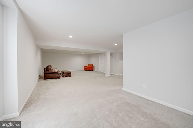 unfurnished room featuring recessed lighting, baseboards, and carpet