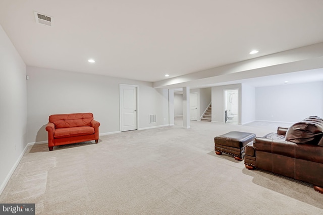 sitting room featuring recessed lighting, visible vents, baseboards, and stairway