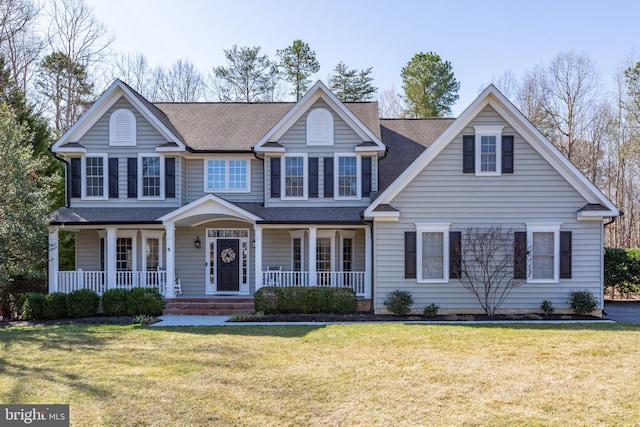 view of front of house featuring roof with shingles, covered porch, and a front yard