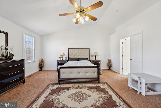 carpeted bedroom featuring visible vents, vaulted ceiling, baseboards, and ceiling fan